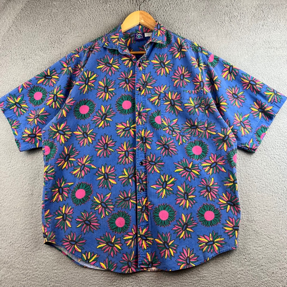 Vintage Pro Spirit Mens Large Blue Floral Sunflower Print Button Up Shirt 90s L